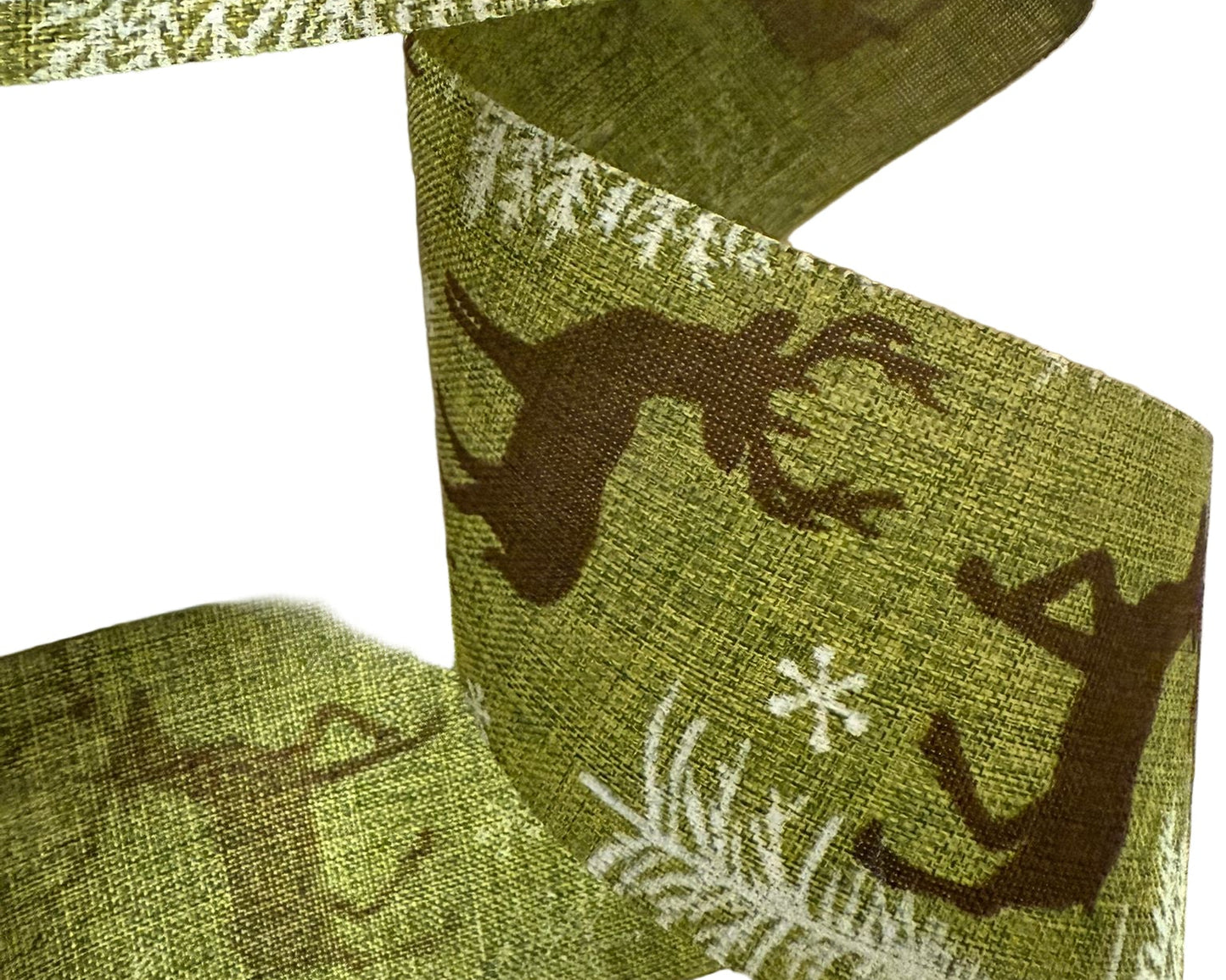 Panglica decorativa verde cu cerbi si brazi 6,5 cm x 2m