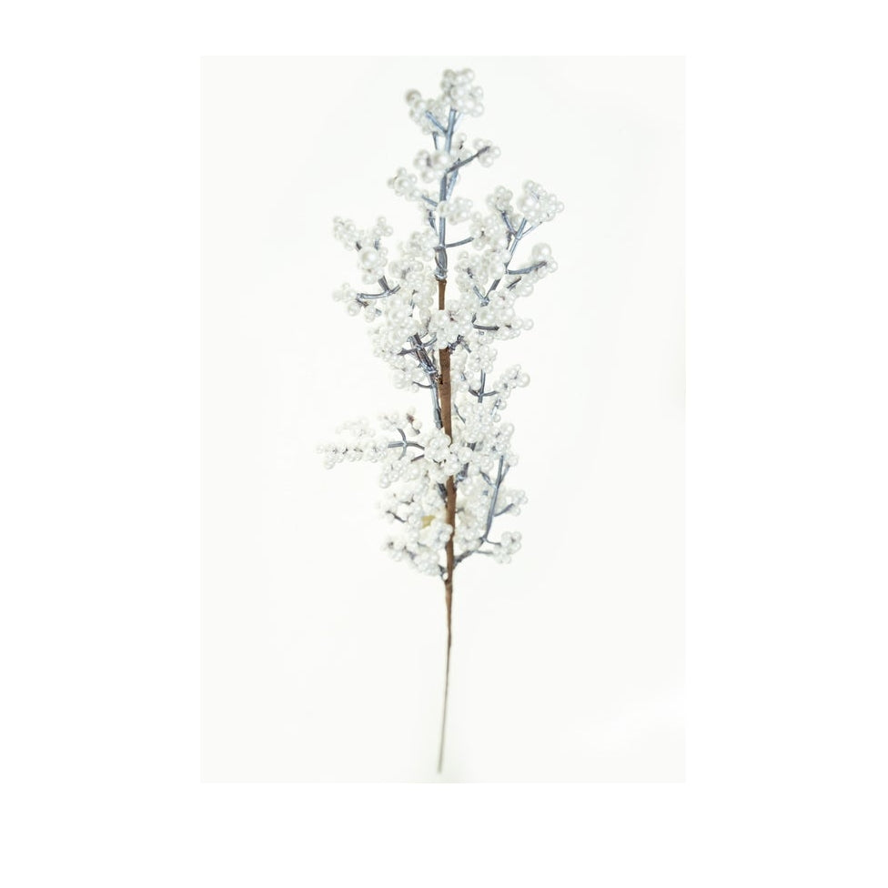 Ramura decorativa cu bobite, 69 cm - Alb perlat