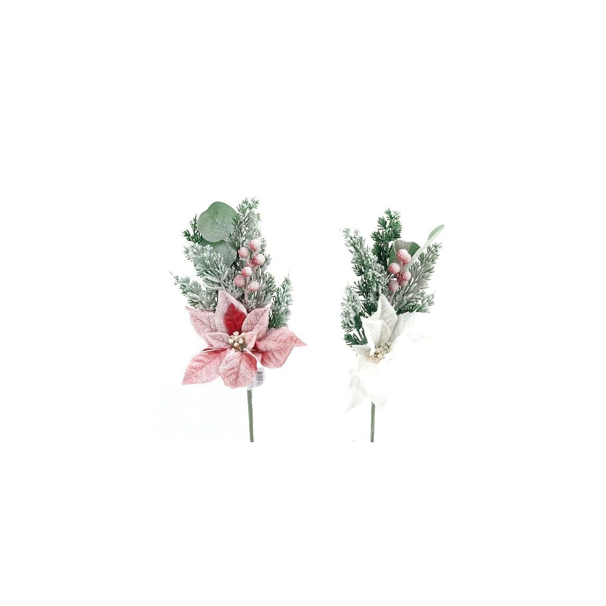 Buchet bogat inzapezit tuia, brad, ilex, pin, frunze brumate eucalipt, craciunita 45 cm - Alb